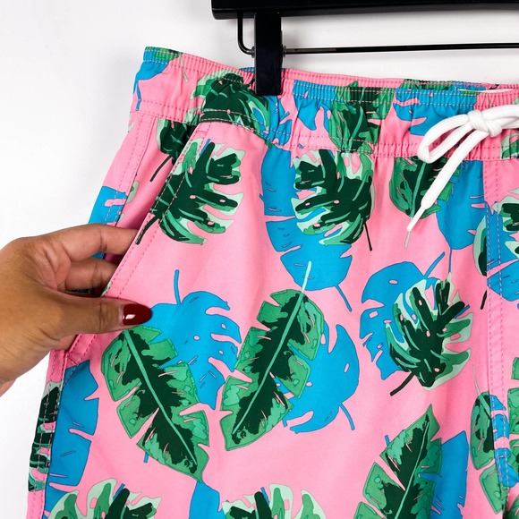 J.Crew Factory (L) Swim Trunks Shorts Flex Swimwear Leaves Pink Green Blue - Picture 2 of 10